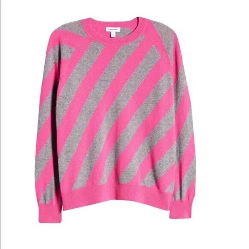New NORDSTROM‎  100% Cashmere Crewneck Sweater Size Medium Pink/Grey Stipe